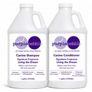 Two PurplePebble canine shampoo and conditioner gallons